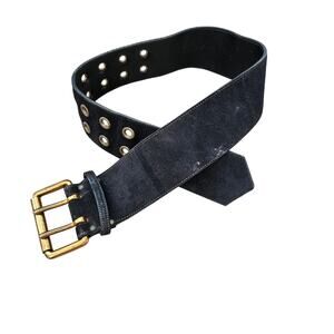 Vintage Unbranded Black Suede Leather Wide Belt Brass Buckle Hardware One Size